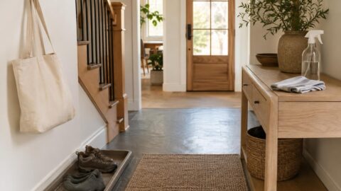 Hazel wipes a small entry console beside a Botanic cleanser bottle while shoes, a mat, and a brush sit ready near the door.