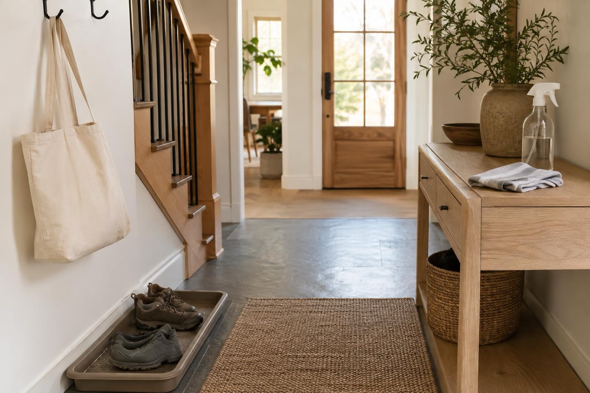 Hazel wipes a small entry console beside a Botanic cleanser bottle while shoes, a mat, and a brush sit ready near the door.