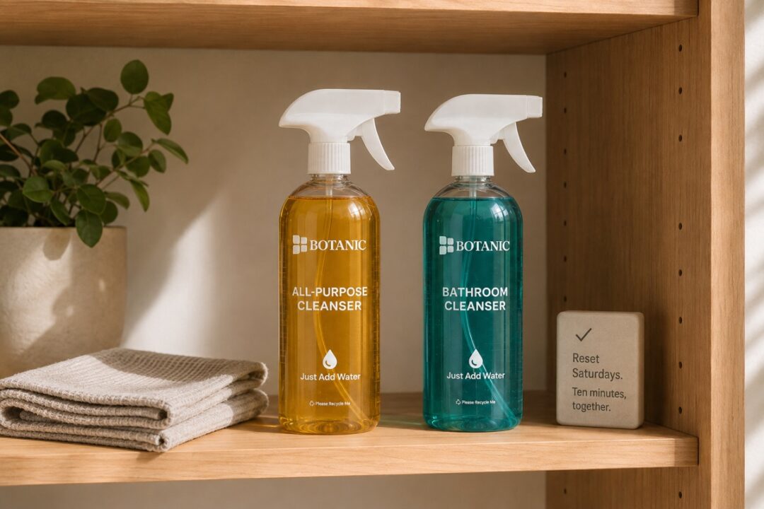 Two Botanic cleanser bottles stand on a small shelf beside folded cloths, a brush, and a labeled cleaning tray in a calm school-season utility area.