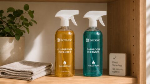 Two Botanic cleanser bottles stand on a small shelf beside folded cloths, a brush, and a labeled cleaning tray in a calm school-season utility area.