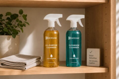 Two Botanic cleanser bottles stand on a small shelf beside folded cloths, a brush, and a labeled cleaning tray in a calm school-season utility area.