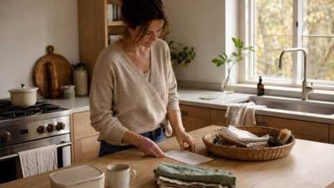 Hazel stands in a calm kitchen with a list, folded cloths, and a small cleaning bottle on a shelf while she resets the room for the week ahead.