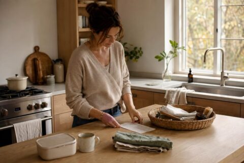 Hazel stands in a calm kitchen with a list, folded cloths, and a small cleaning bottle on a shelf while she resets the room for the week ahead.