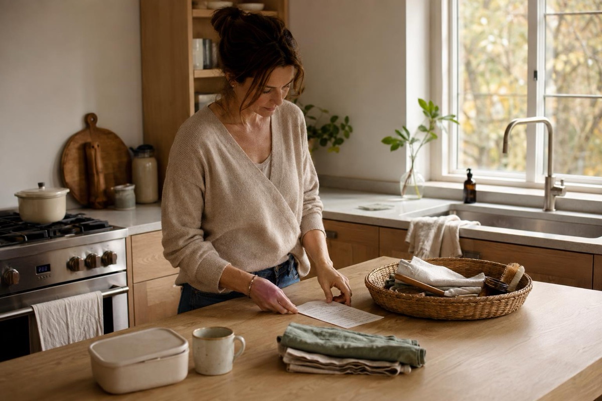 Hazel stands in a calm kitchen with a list, folded cloths, and a small cleaning bottle on a shelf while she resets the room for the week ahead.