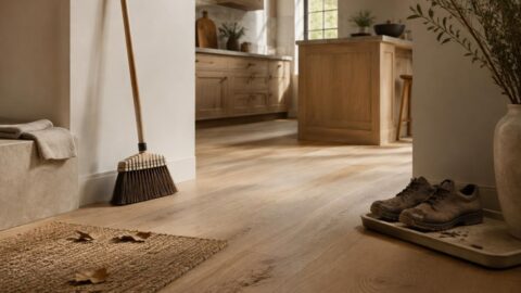 Hazel sweeps a pale kitchen floor with a mat and cleaning bottle nearby while leaves and grit wait at the threshold.