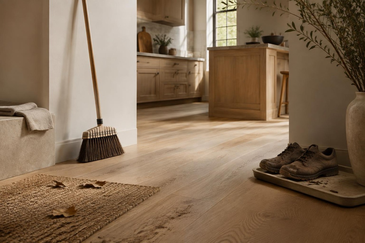Hazel sweeps a pale kitchen floor with a mat and cleaning bottle nearby while leaves and grit wait at the threshold.