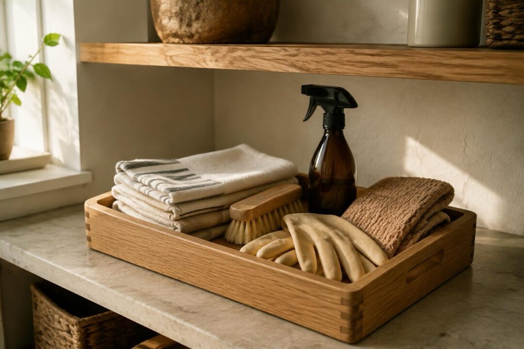 A fall cleaning caddy holds cloths, a brush, a tray, and a Botanic cleanser bottle beside a folded towel in warm daylight.