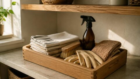 A fall cleaning caddy holds cloths, a brush, a tray, and a Botanic cleanser bottle beside a folded towel in warm daylight.