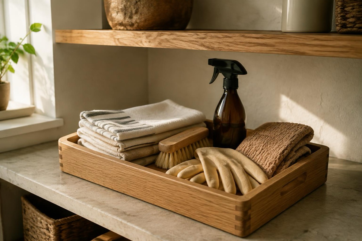 A fall cleaning caddy holds cloths, a brush, a tray, and a Botanic cleanser bottle beside a folded towel in warm daylight.