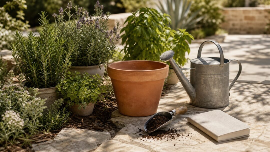 An empty terracotta pot beside a watering can, herbs, mulch, and a garden notebook on a warm Texas porch.