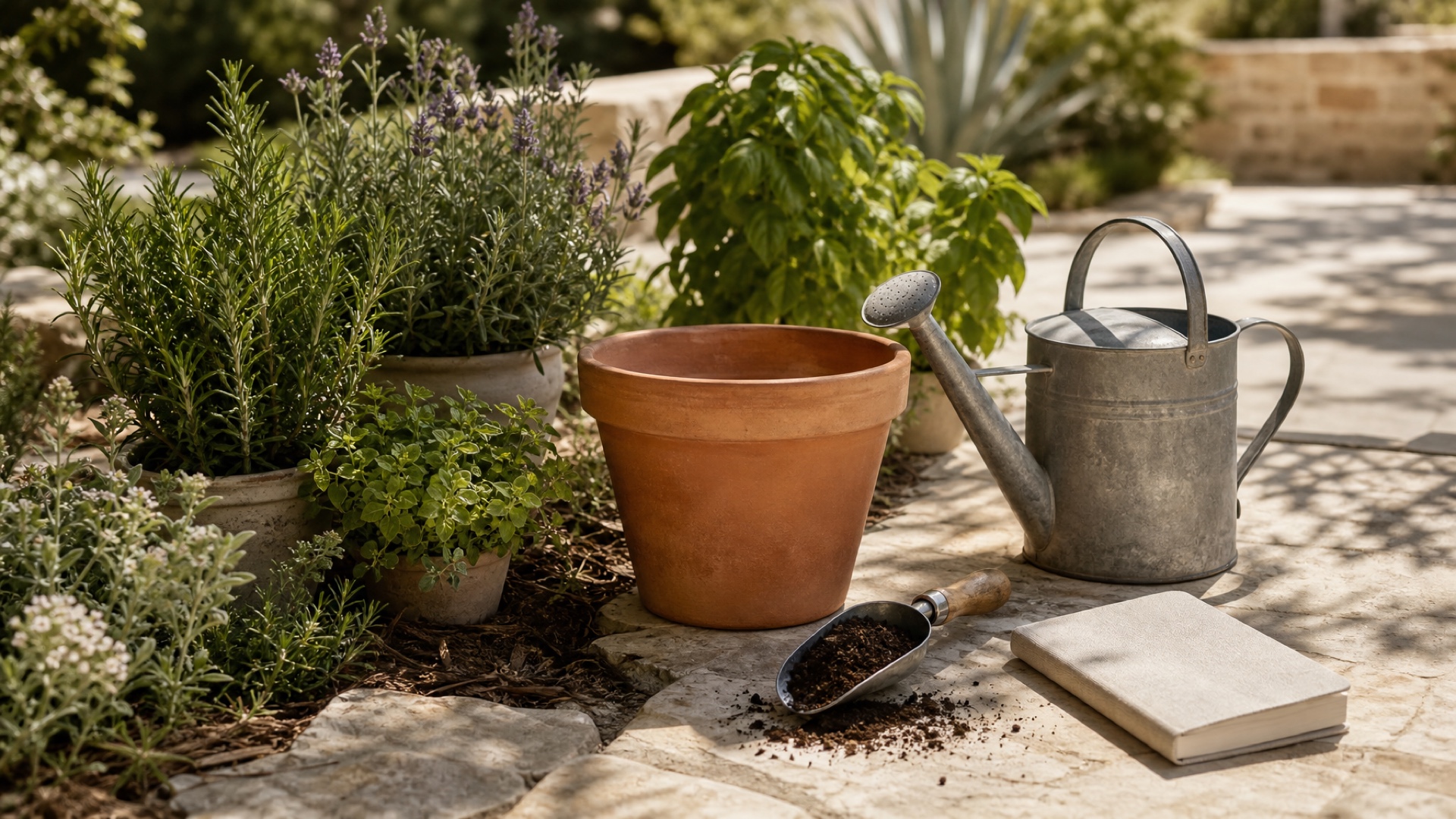 An empty terracotta pot beside a watering can, herbs, mulch, and a garden notebook on a warm Texas porch.