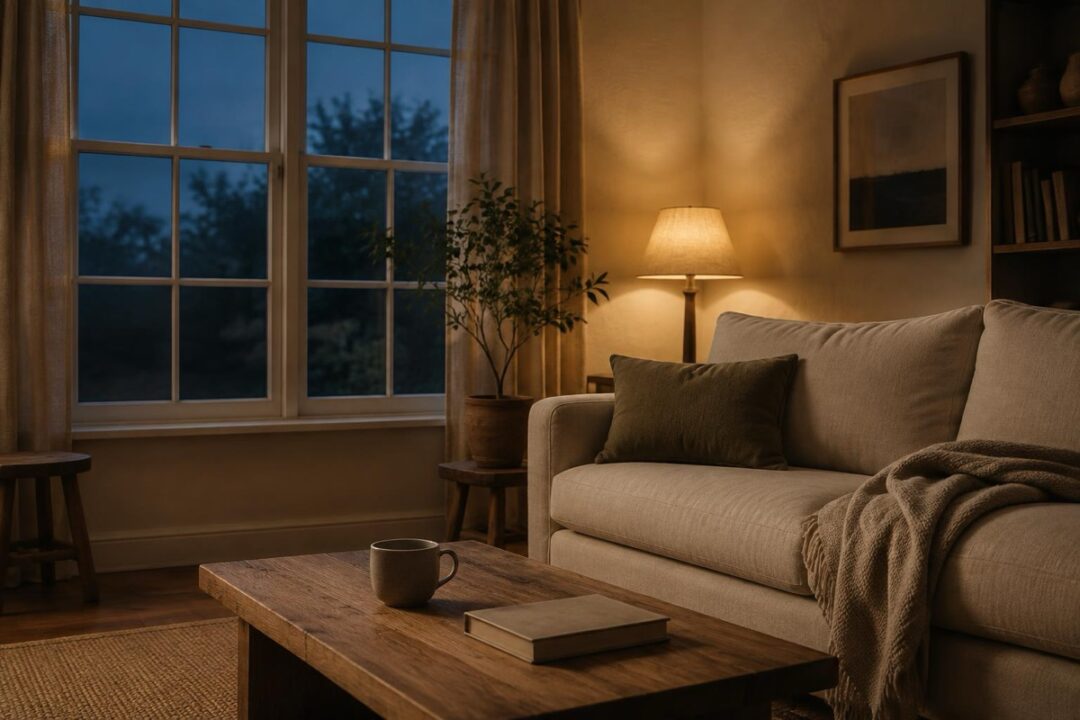 Hazel lowers a window and lights a lamp in a quiet living room with folded throws, a book, and a small cleanser bottle on a shelf nearby.