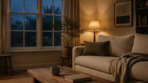 Hazel lowers a window and lights a lamp in a quiet living room with folded throws, a book, and a small cleanser bottle on a shelf nearby.