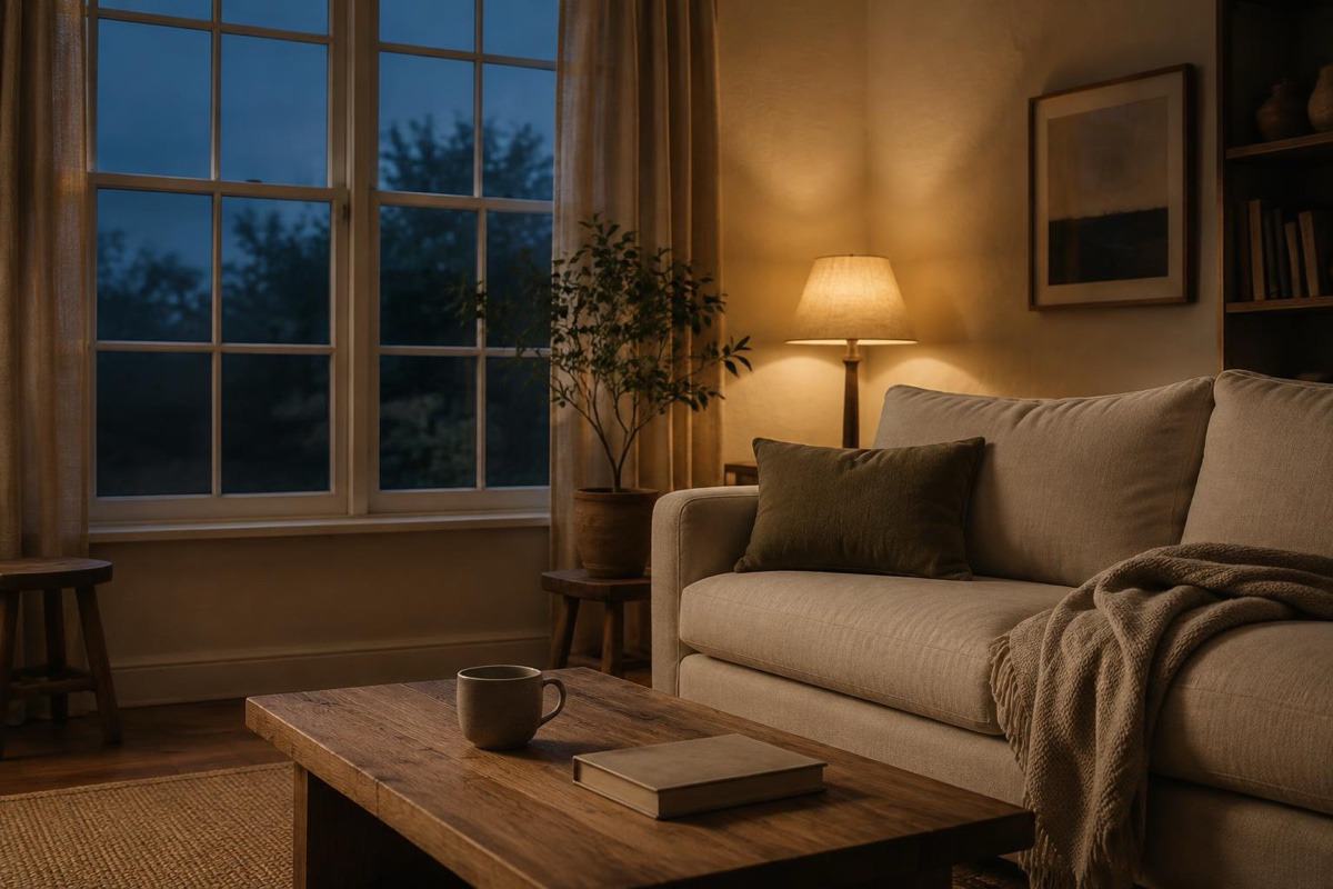 Hazel lowers a window and lights a lamp in a quiet living room with folded throws, a book, and a small cleanser bottle on a shelf nearby.