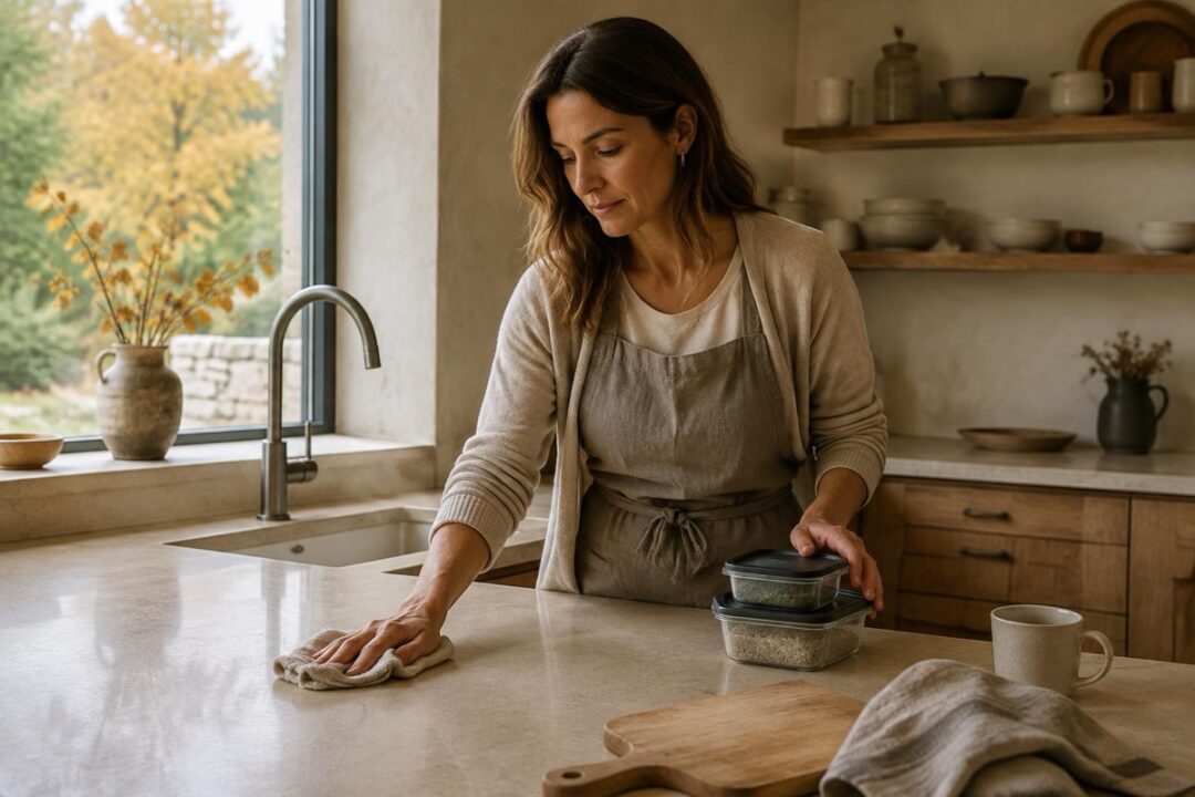 Hazel wipes a kitchen counter beside a Botanic cleanser bottle while lunch containers and a cloth sit near the sink.