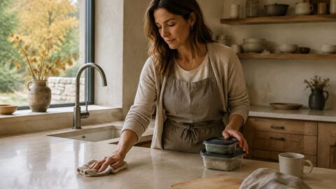 Hazel wipes a kitchen counter beside a Botanic cleanser bottle while lunch containers and a cloth sit near the sink.