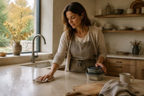 Hazel wipes a kitchen counter beside a Botanic cleanser bottle while lunch containers and a cloth sit near the sink.