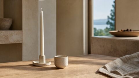 An unlit white candle and an empty ceramic cup rest on a warm wood table in quiet morning light.