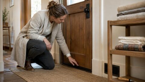 Hazel checks a door sweep and a vent cover in a calm hallway with a small utility shelf and a cleanser bottle nearby.