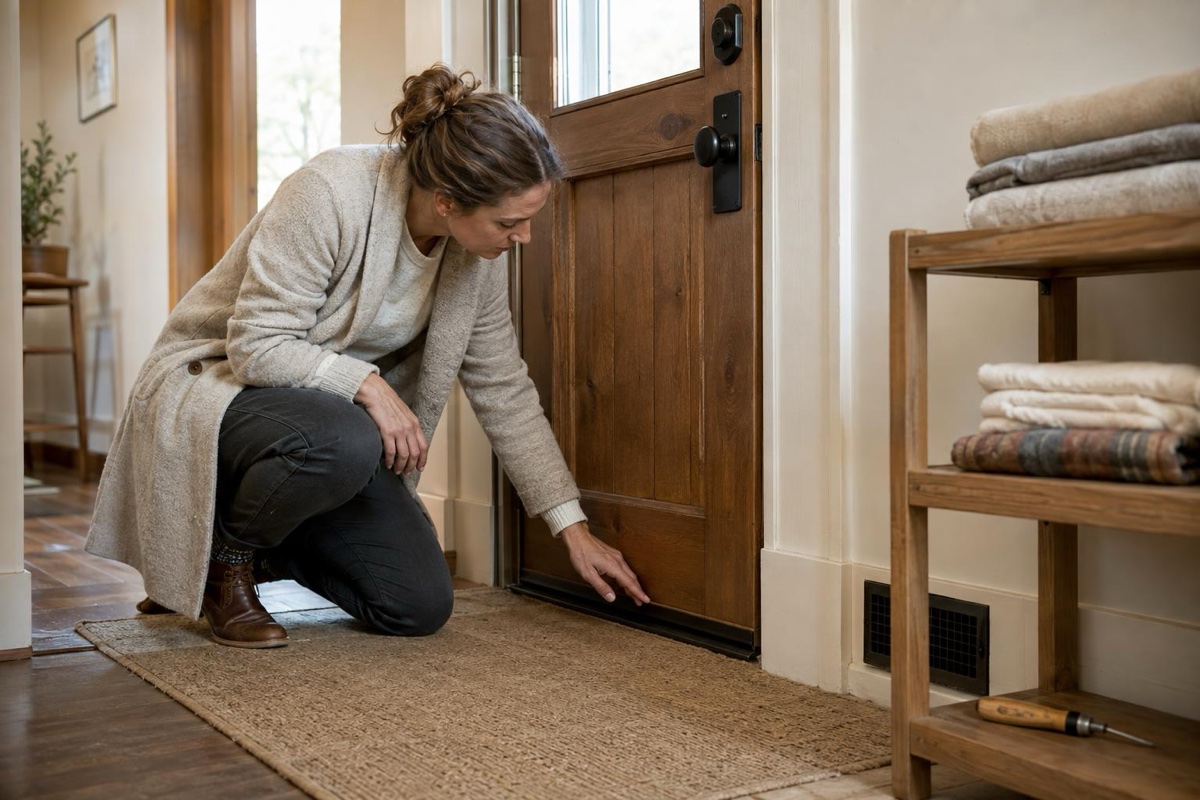 Hazel checks a door sweep and a vent cover in a calm hallway with a small utility shelf and a cleanser bottle nearby.