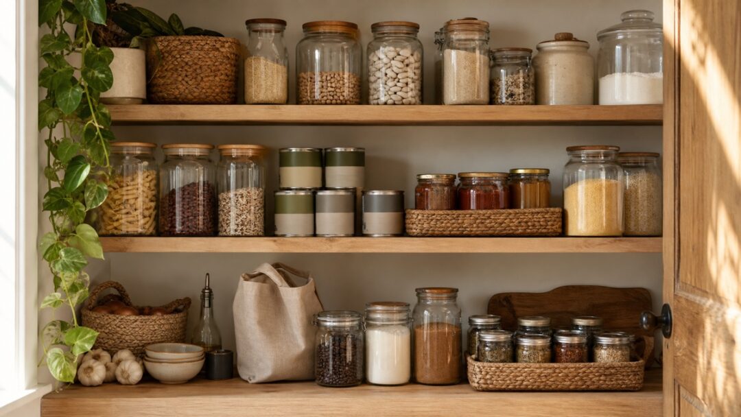Warm pantry shelves with clear jars, simple baskets, coffee, rice, beans, broth, spices, and baking staples arranged for easy weeknight cooking.