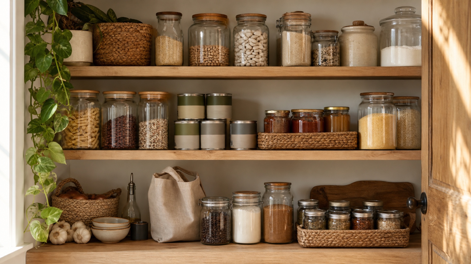 Warm pantry shelves with clear jars, simple baskets, coffee, rice, beans, broth, spices, and baking staples arranged for easy weeknight cooking.