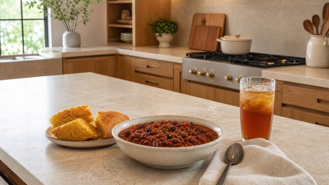 A bowl of homemade chili with cornbread and sweet tea on a clean kitchen island.