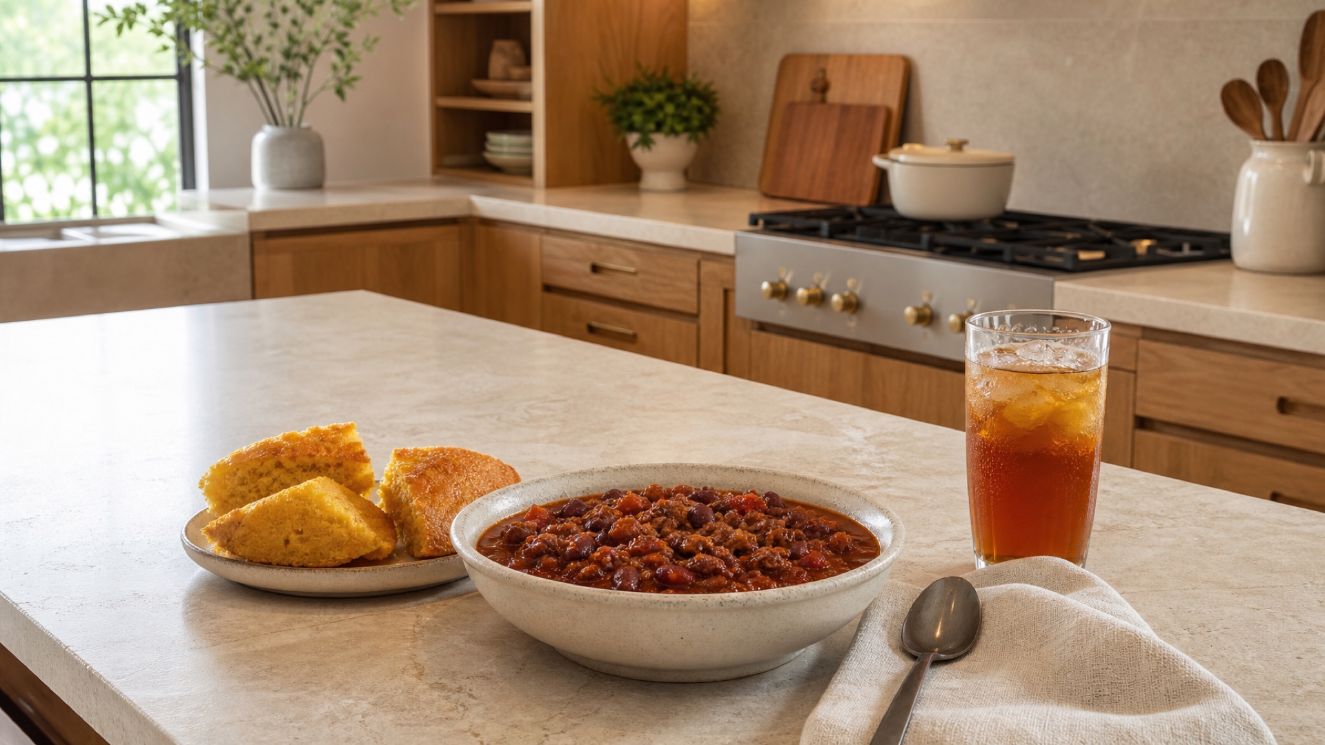 A bowl of homemade chili with cornbread and sweet tea on a clean kitchen island.
