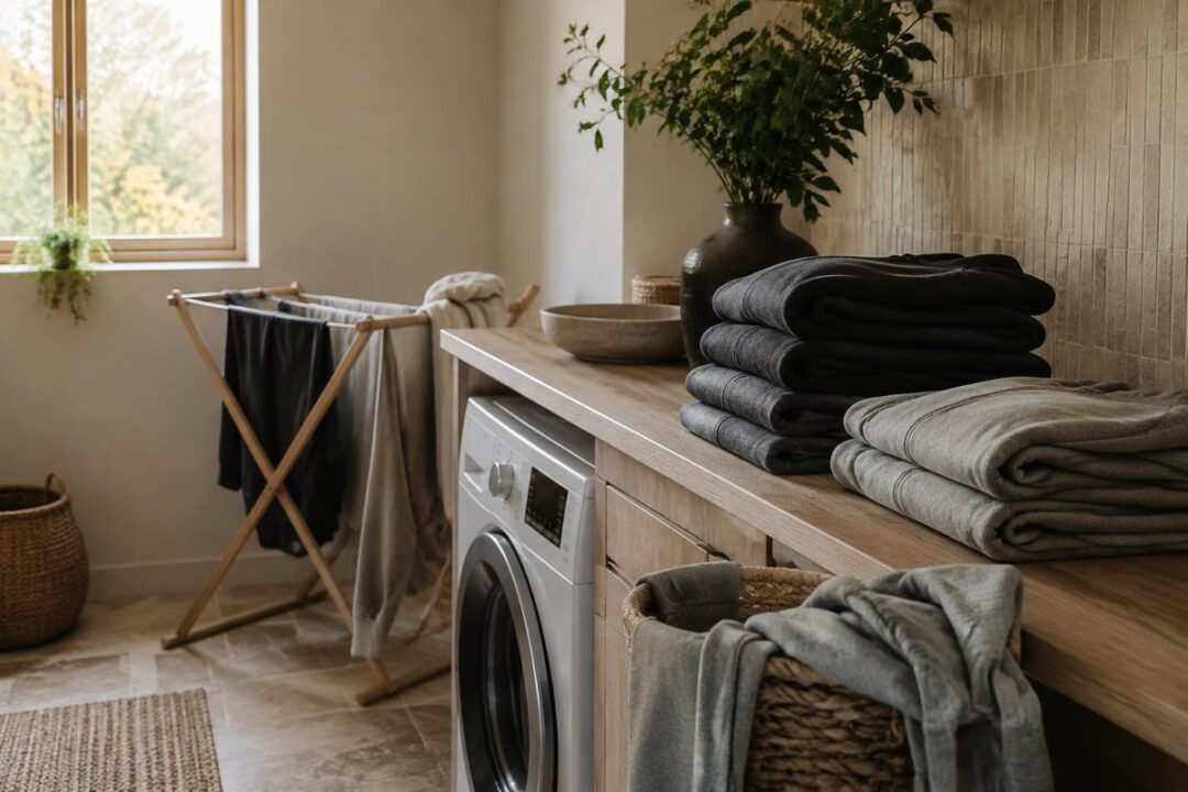 A folded stack of hoodies and sweatshirts sits beside a laundry basket and a small cleanser bottle on a shelf.