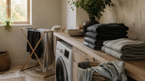 A folded stack of hoodies and sweatshirts sits beside a laundry basket and a small cleanser bottle on a shelf.