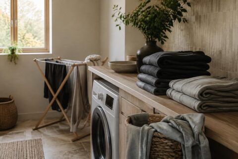 A folded stack of hoodies and sweatshirts sits beside a laundry basket and a small cleanser bottle on a shelf.