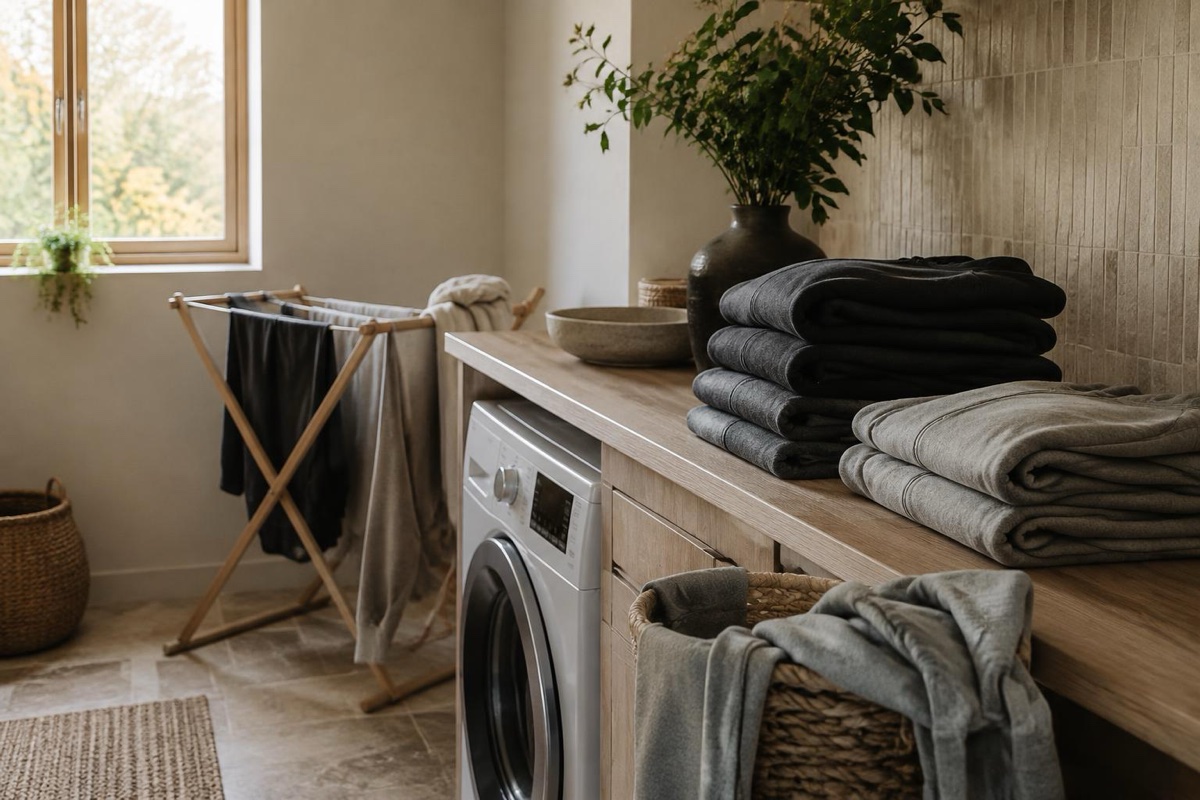 A folded stack of hoodies and sweatshirts sits beside a laundry basket and a small cleanser bottle on a shelf.