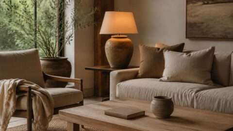 Hazel stands in a quiet living room with one clear table, a folded throw, a lamp, and a small utility bottle on a shelf.