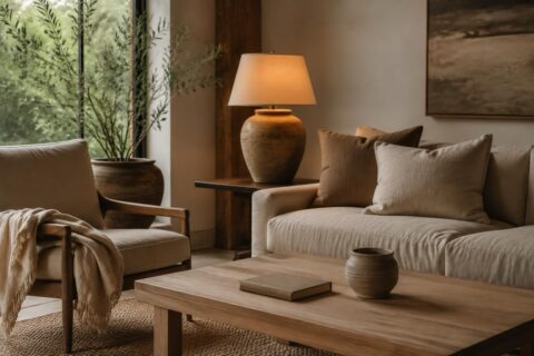 Hazel stands in a quiet living room with one clear table, a folded throw, a lamp, and a small utility bottle on a shelf.