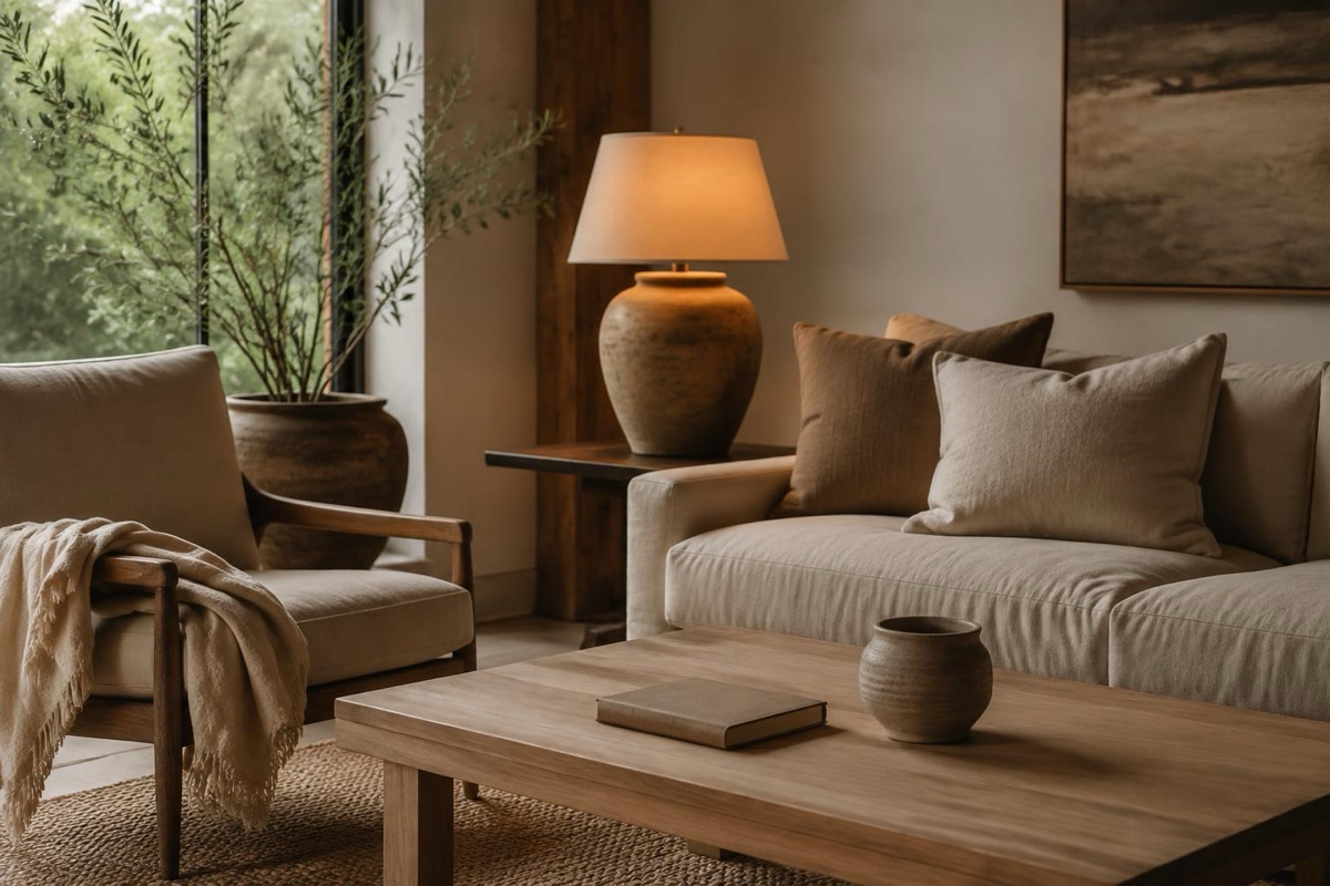 Hazel stands in a quiet living room with one clear table, a folded throw, a lamp, and a small utility bottle on a shelf.