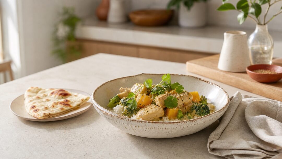 Coconut chicken curry with broccoli, rice, mango topping, cilantro, sesame seeds, and naan on a clean kitchen counter.