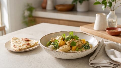 Coconut chicken curry with broccoli, rice, mango topping, cilantro, sesame seeds, and naan on a clean kitchen counter.