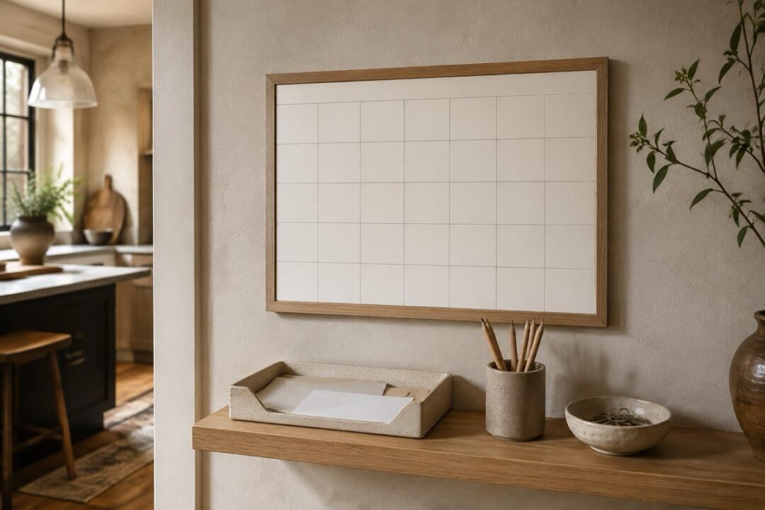 Hazel stands beside a calendar, paper tray, pencil cup, and a small utility shelf in a calm household command center.
