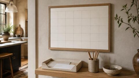 Hazel stands beside a calendar, paper tray, pencil cup, and a small utility shelf in a calm household command center.