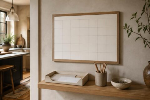 Hazel stands beside a calendar, paper tray, pencil cup, and a small utility shelf in a calm household command center.