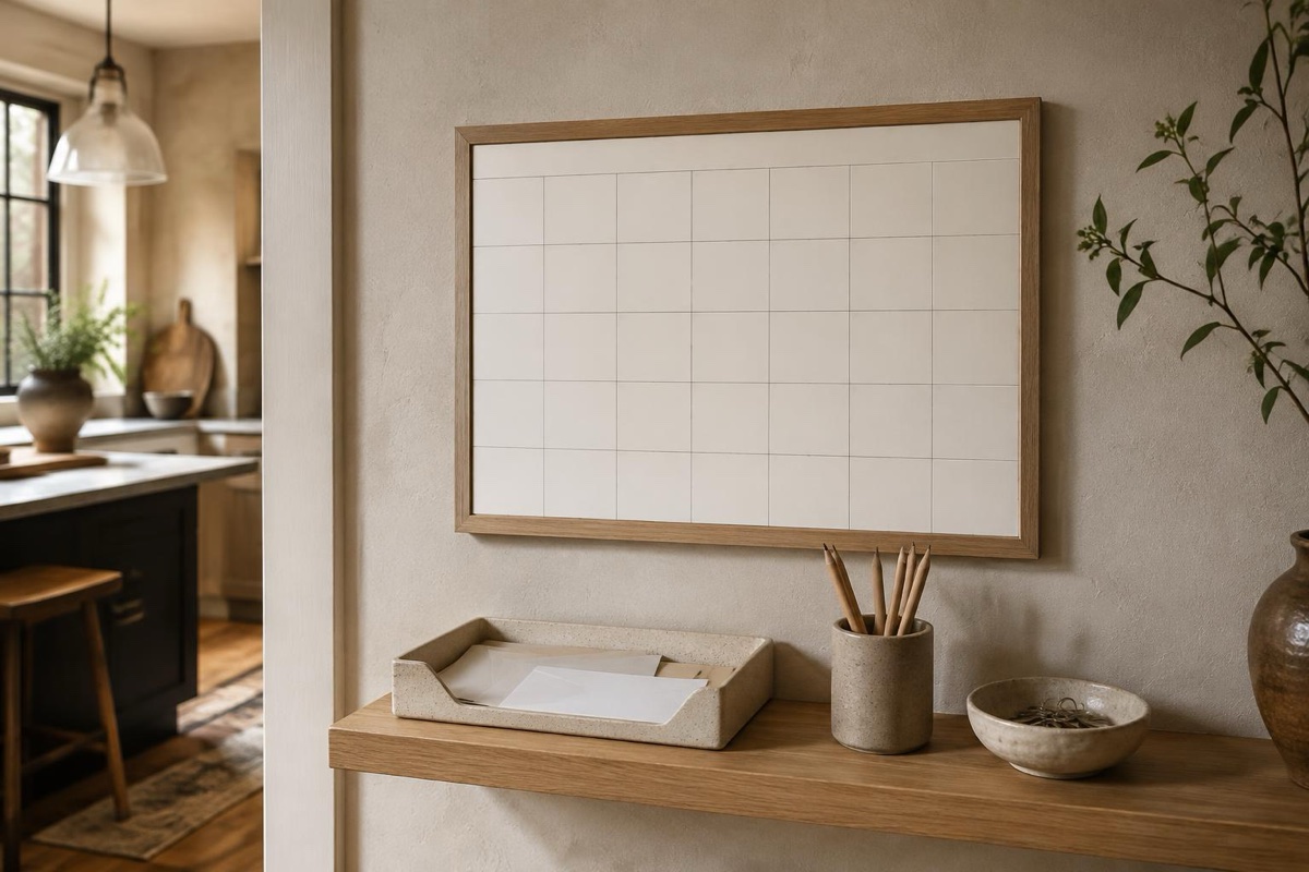 Hazel stands beside a calendar, paper tray, pencil cup, and a small utility shelf in a calm household command center.