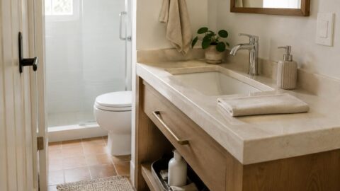 Hazel wipes a bathroom counter beside a Botanic cleanser bottle while a towel and cloth sit neatly near the sink.