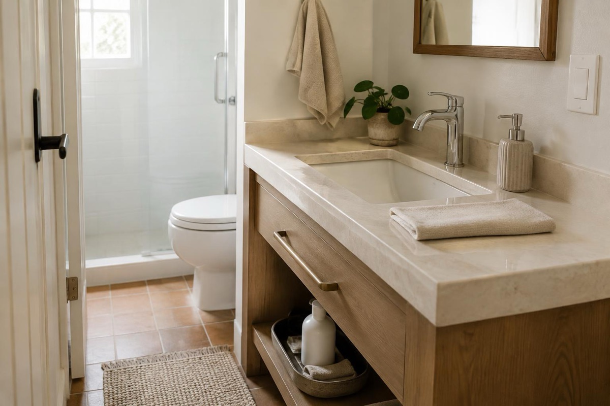 Hazel wipes a bathroom counter beside a Botanic cleanser bottle while a towel and cloth sit neatly near the sink.