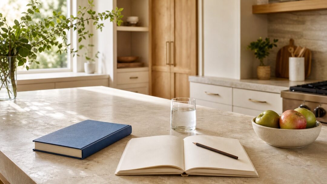 An unbranded blue book, blank notebook, pencil, water glass, and bowl of apples rest on a light-filled kitchen island.