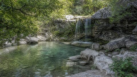 A limestone grotto and natural pool beneath a small waterfall, surrounded by shaded native canyon vegetation in the Texas Hill Country.