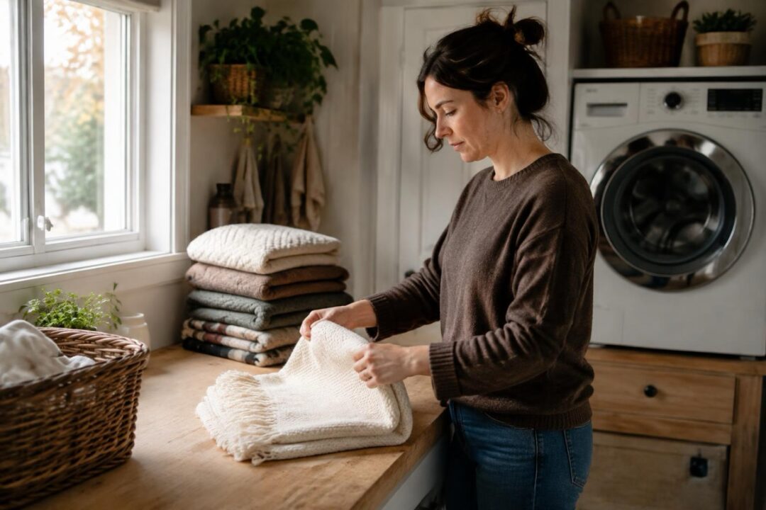 Hazel folds a clean blanket beside a laundry basket and a Botanic laundry bottle on a bright washing-day counter.