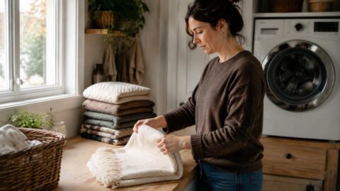 Hazel folds a clean blanket beside a laundry basket and a Botanic laundry bottle on a bright washing-day counter.