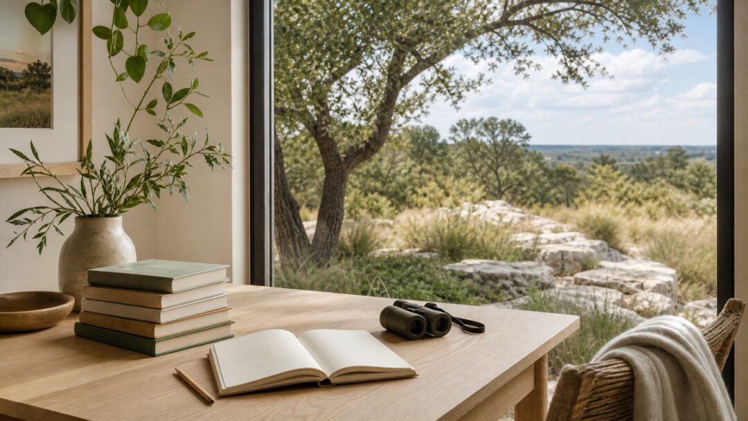 Five unbranded field-guide-sized books, a notebook, pencil, and binoculars on a pale-oak table beside a window facing late-summer oak trees and native grasses.