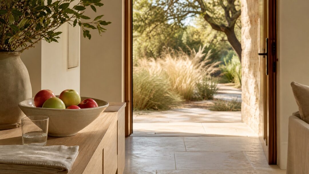 A bowl of apples and a glass of water on a pale-oak console beside an open doorway facing warm live-oak shade in late September.