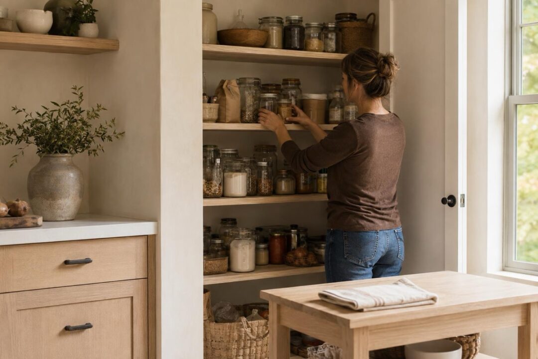 Hazel straightens pantry shelves beside jars, boxes, and a small Botanic cleaner bottle on a kitchen cart.